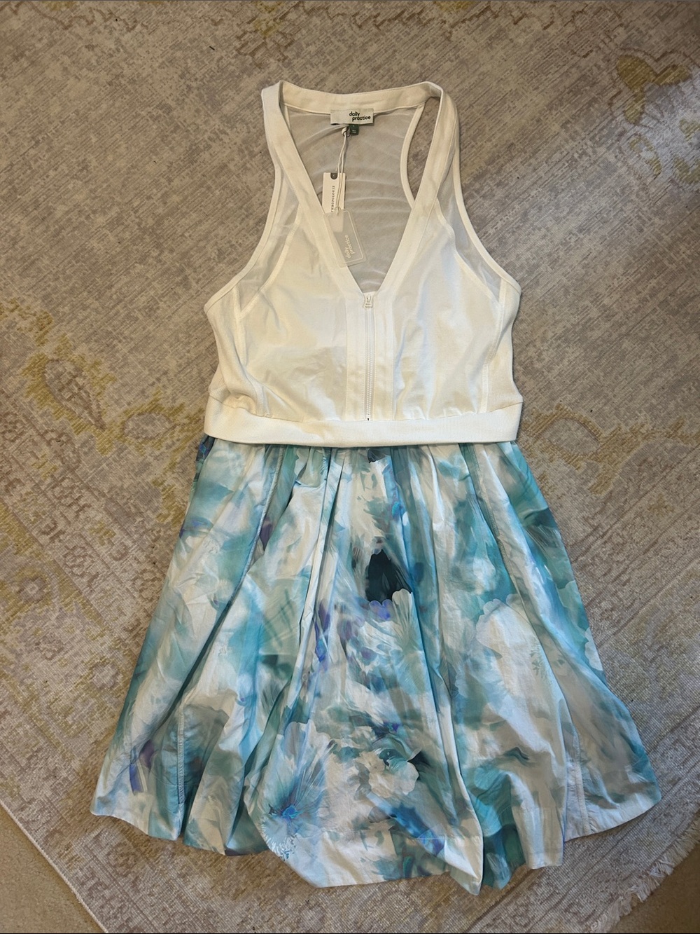 Daily Practice White Racerback Top with Blue Floral Skirt Women’s Dress